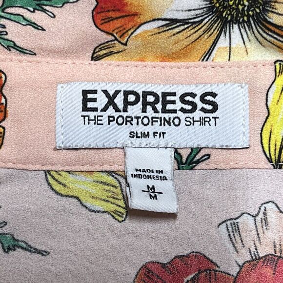 Express Floral Portofino Blouse MEDIUM Slim Fit Long Sleeve V Neck Red Pink Top - Picture 4 of 8